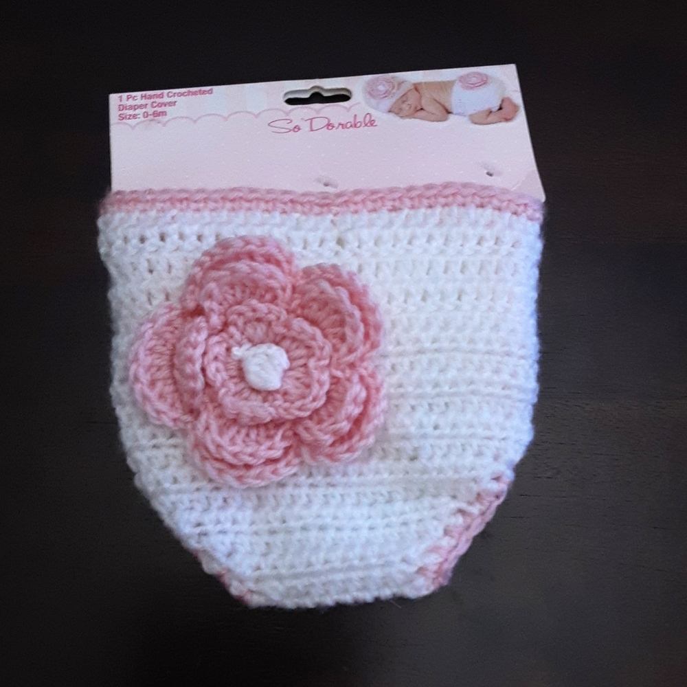 Hand Crochet New Pink and White Floral Baby Diaper Cover NWT